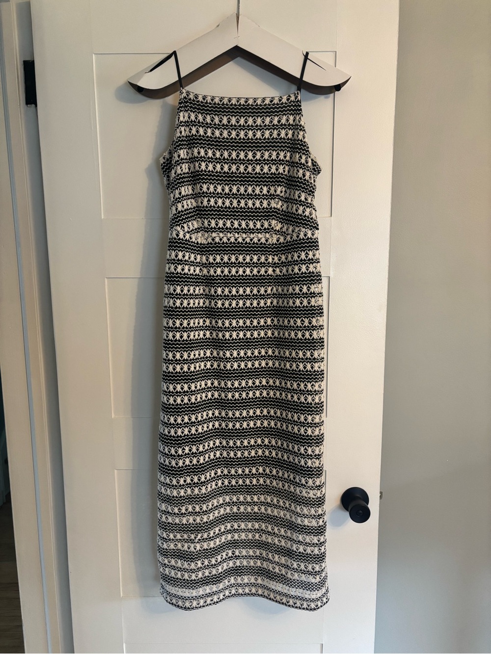 Worn once! Fitted pencil dress, midi, crocheted,  black white, spaghetti straps